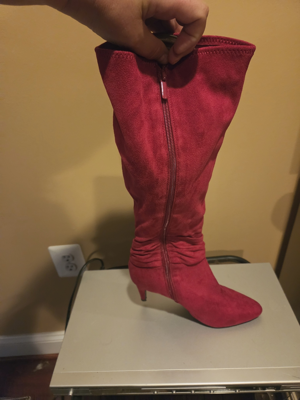 Anastasia Red Suede Mid-Calf Knot Heel Boots - Picture 6 of 7